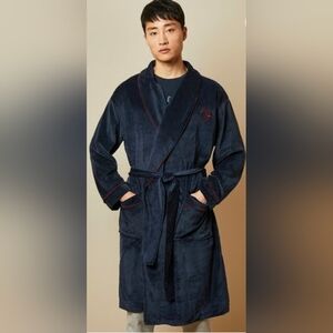 TED BAKER LONDON DRESSED TO CHILL NAVY VELOUR LOGO ROBE sz L/XL LOUNGE COZY *